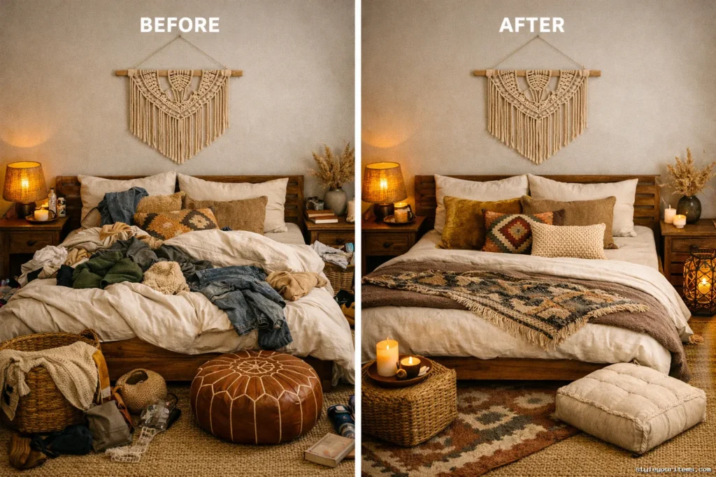 Before and after boho bedroom design comparison