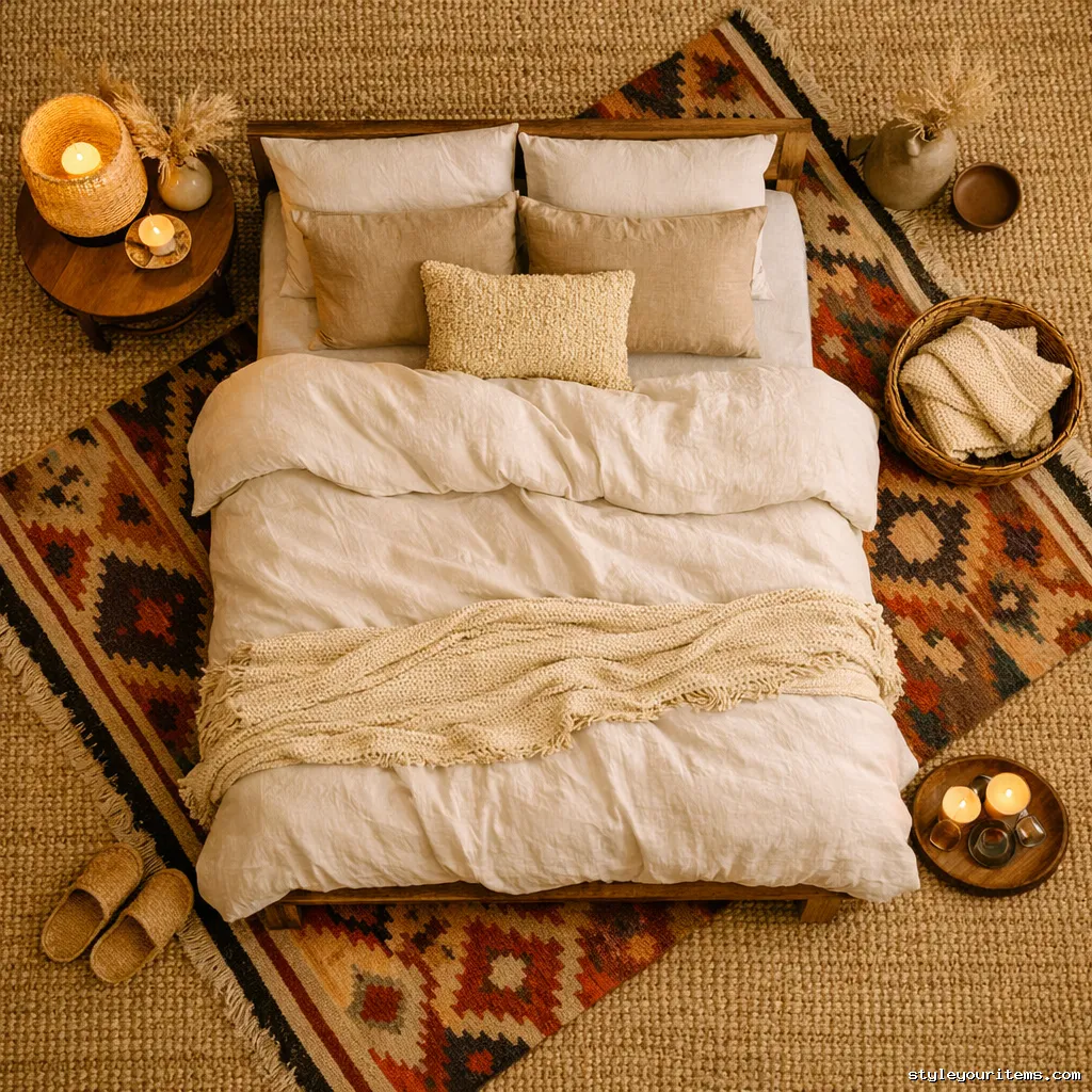 Layered jute and kilim rugs in boho bedroom