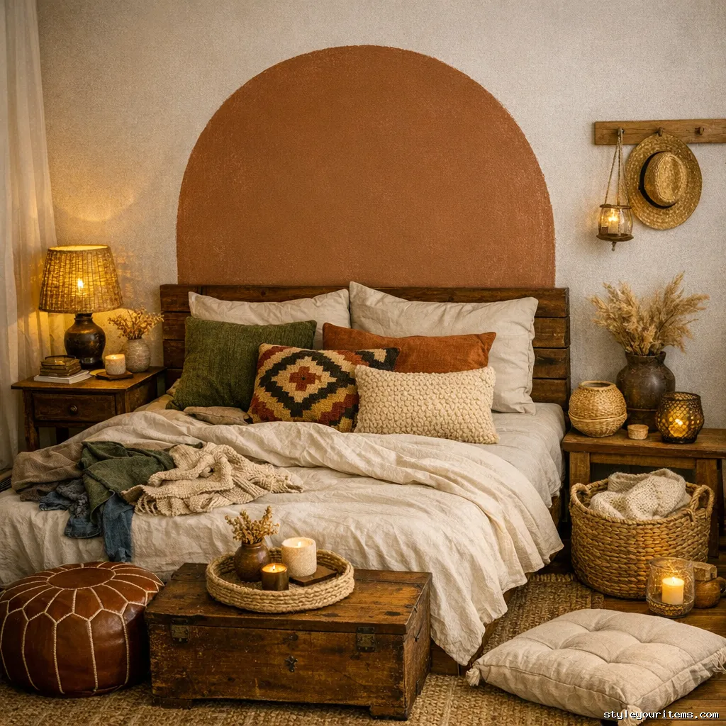 Affordable boho bedroom with DIY and thrift decor