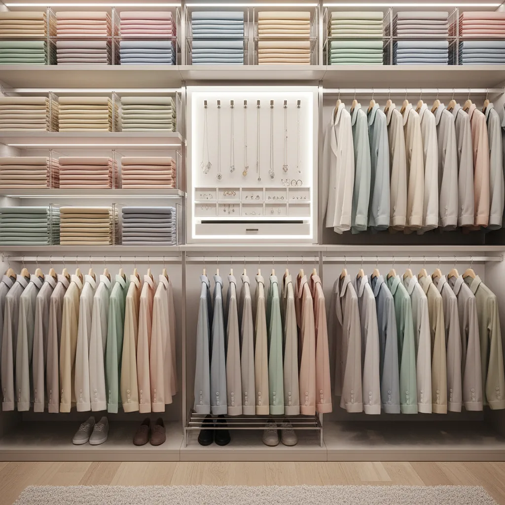 Closet with dividers and a jewelry organizer on the wall