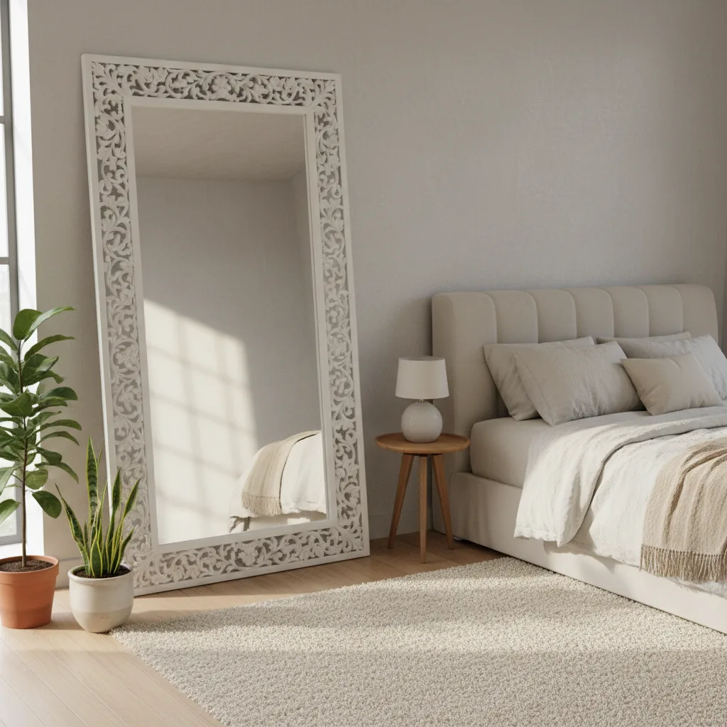 Large floor mirror with a custom wooden frame, painted white and leaning against a bedroom wall.
