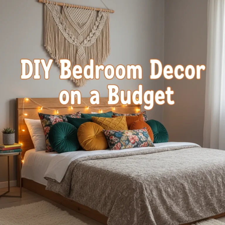 Thumbnail design featuring a cozy bedroom with fairy lights, colorful throw pillows, and a macrame wall hanging, with text overlay 'DIY Bedroom Decor on a Budget.