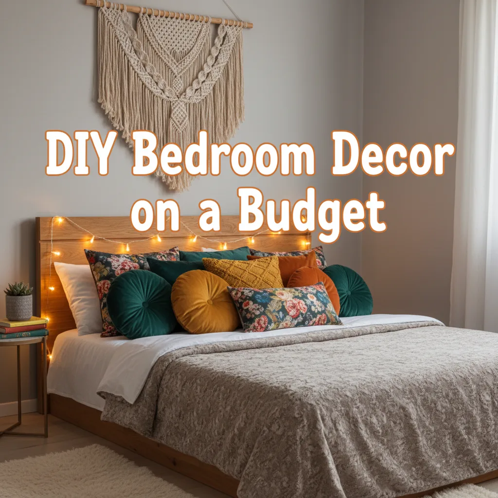 Thumbnail design featuring a cozy bedroom with fairy lights, colorful throw pillows, and a macrame wall hanging, with text overlay 'DIY Bedroom Decor on a Budget.