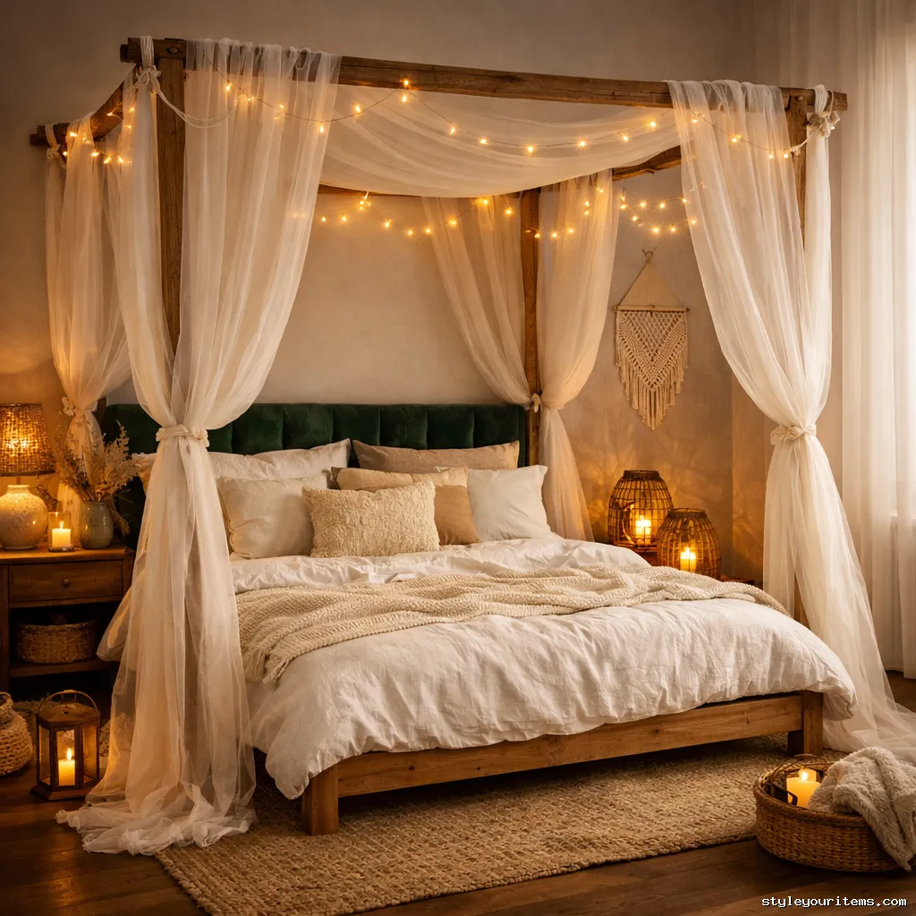 Boho bed with sheer curtain canopy setup