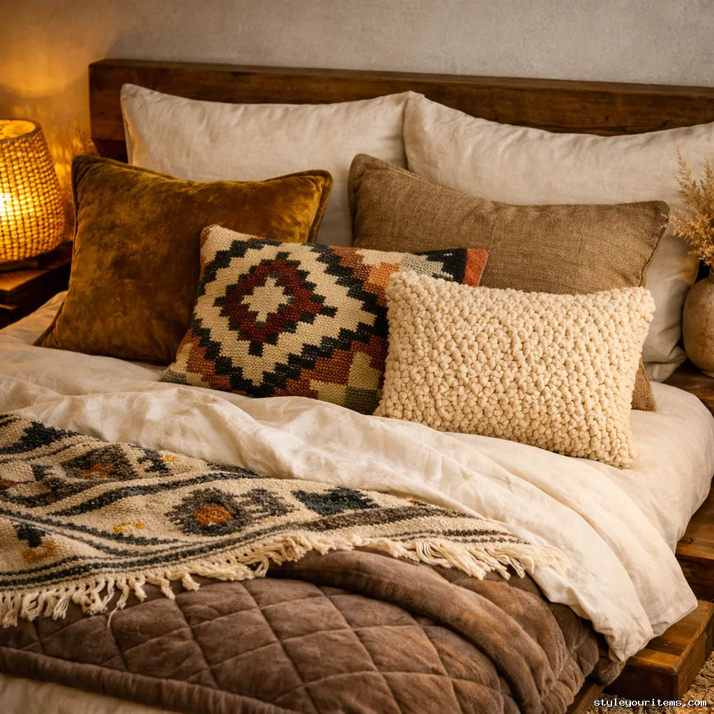 Mixed texture pillows on boho bed