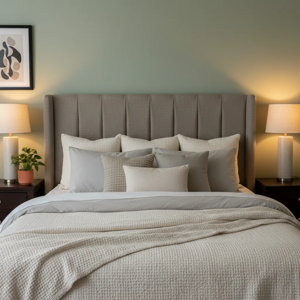 Stylish fabric-covered headboard with soft upholstery in a neutral tone, adding elegance to a cozy bedroom.