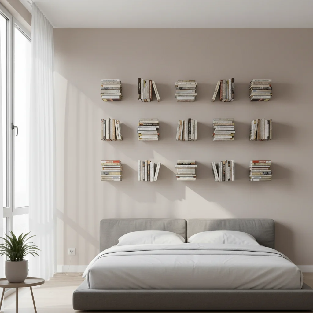 Modern bedroom wall with floating invisible bookshelves, showcasing books stacked without visible supports for a minimalist look.