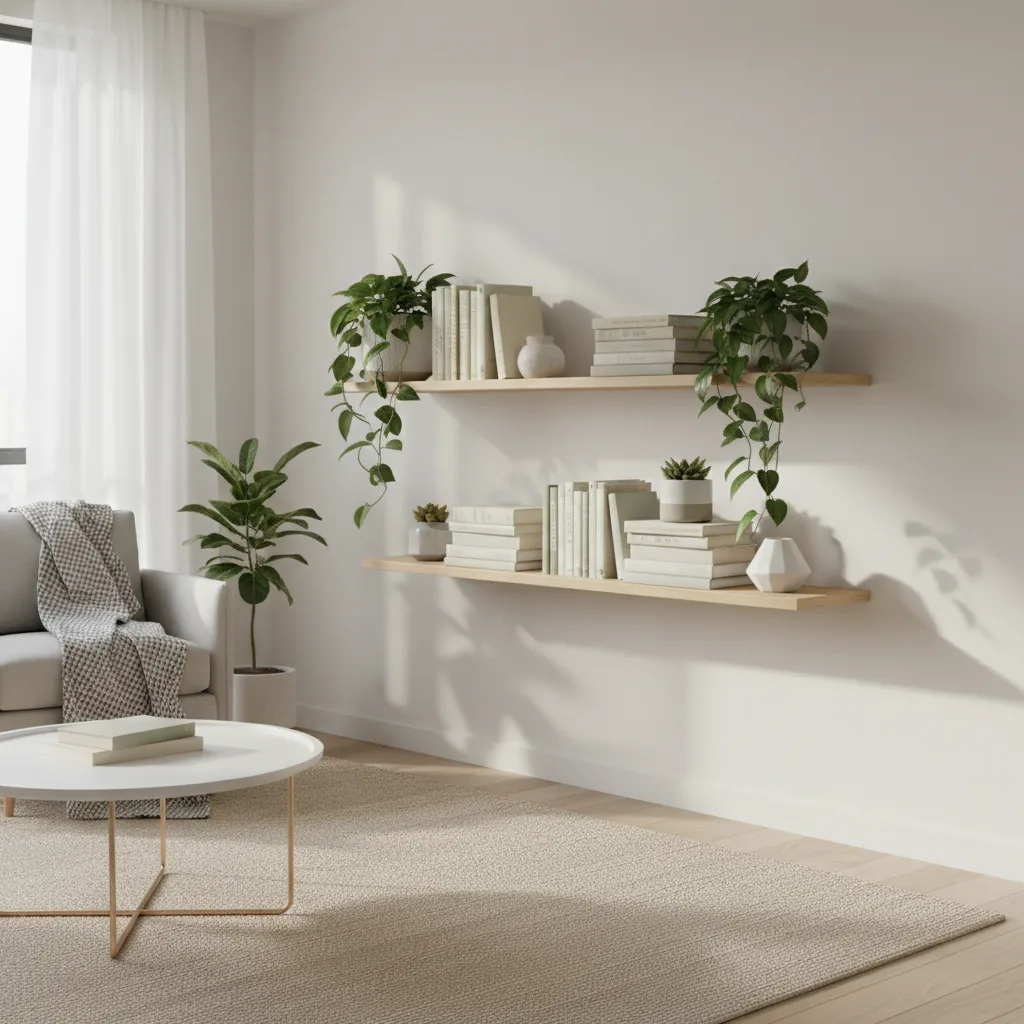 Floating shelves with books and plants