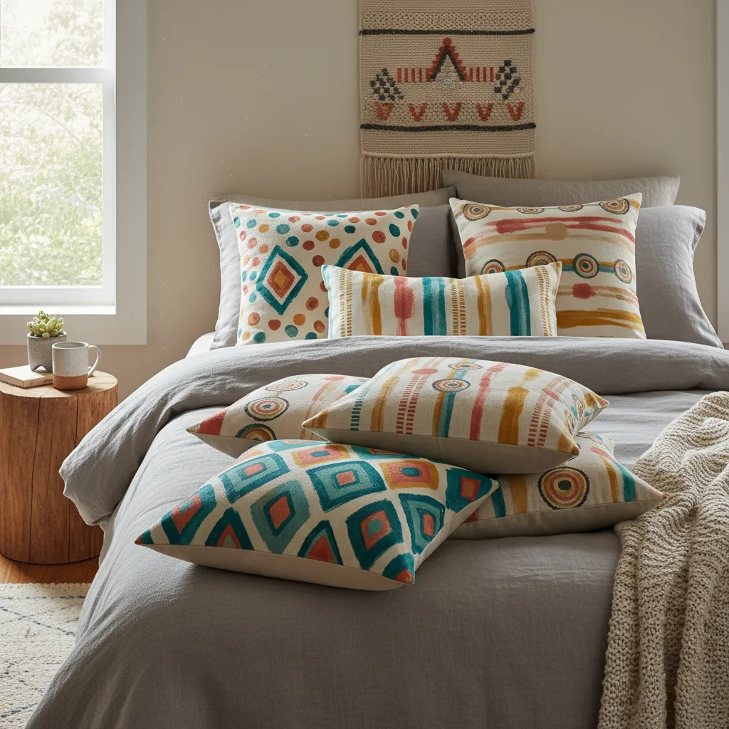 A set of hand-painted throw pillows with colorful geometric patterns and polka dots on a cozy bed.