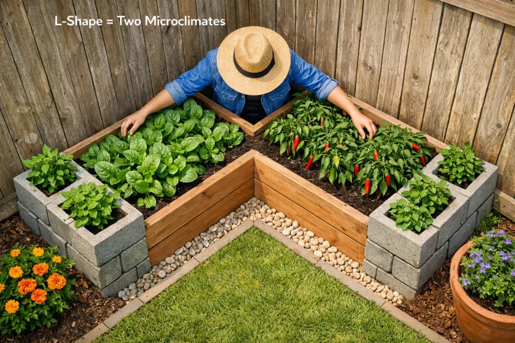 L-shaped raised garden bed fitted into sunny backyard corner with spinach on one arm and chilies on the other