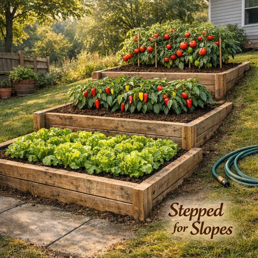 Three stepped raised garden beds on sloped lawn each 12 inches higher than the one in front with lettuce peppers and tomatoes