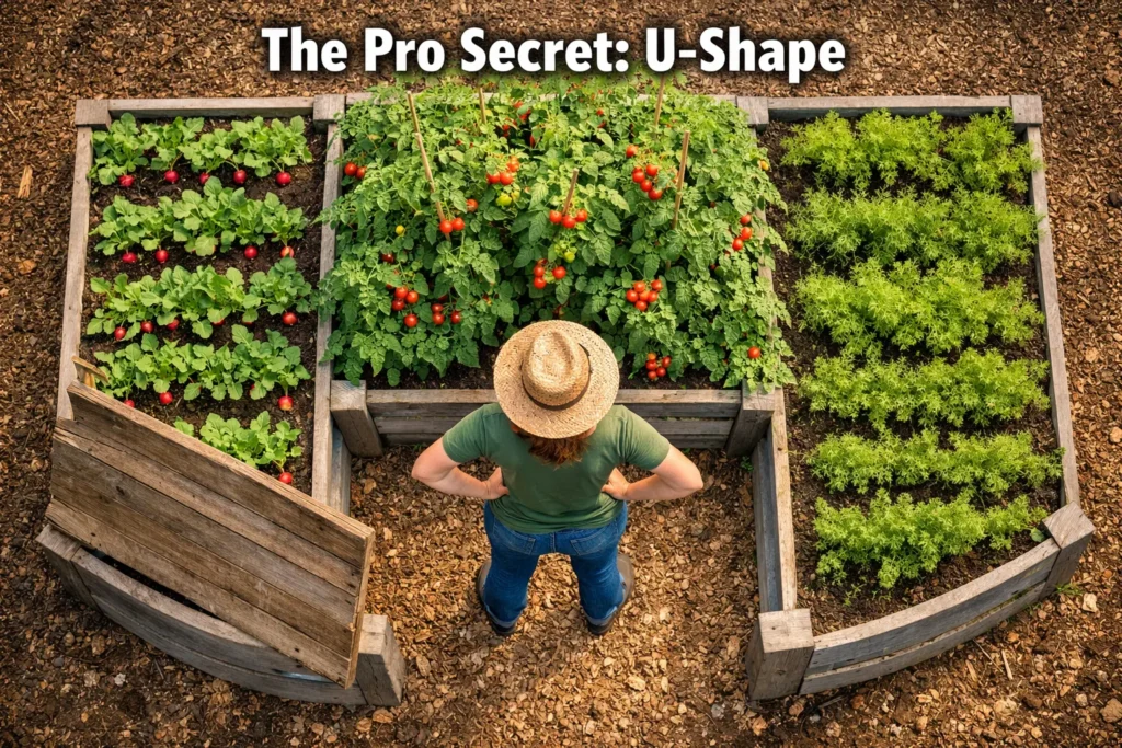 U-shaped raised garden bed viewed from above with walking path in middle and person standing able to reach all sides