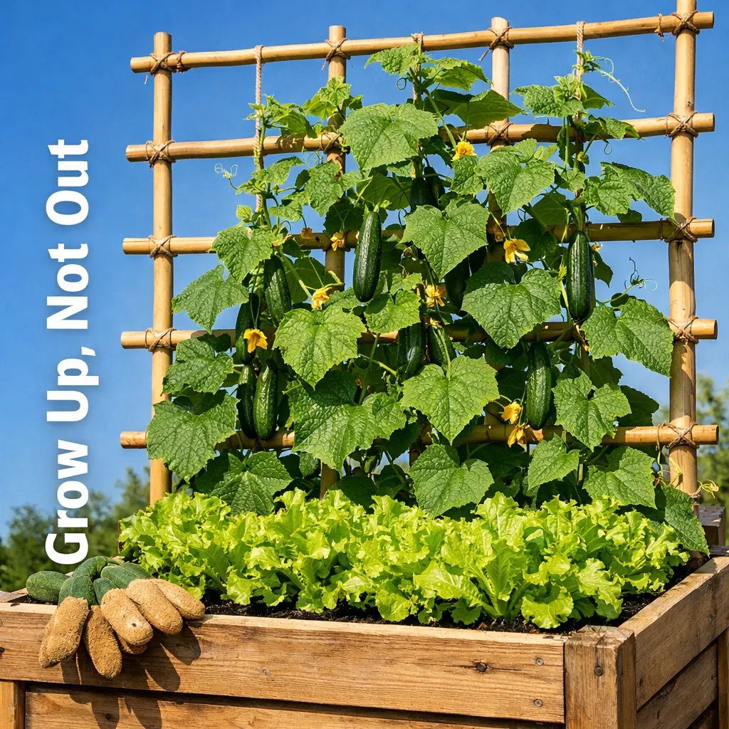 Raised wooden bed with bamboo trellis showing cucumber vines climbing up and lettuce growing below at base