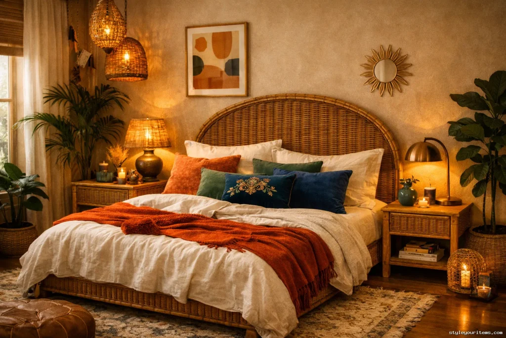 Boho bedroom showing jewel tones like emerald, sapphire and burnt orange