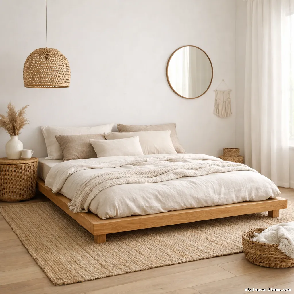 Minimal low wooden bed in a boho bedroom