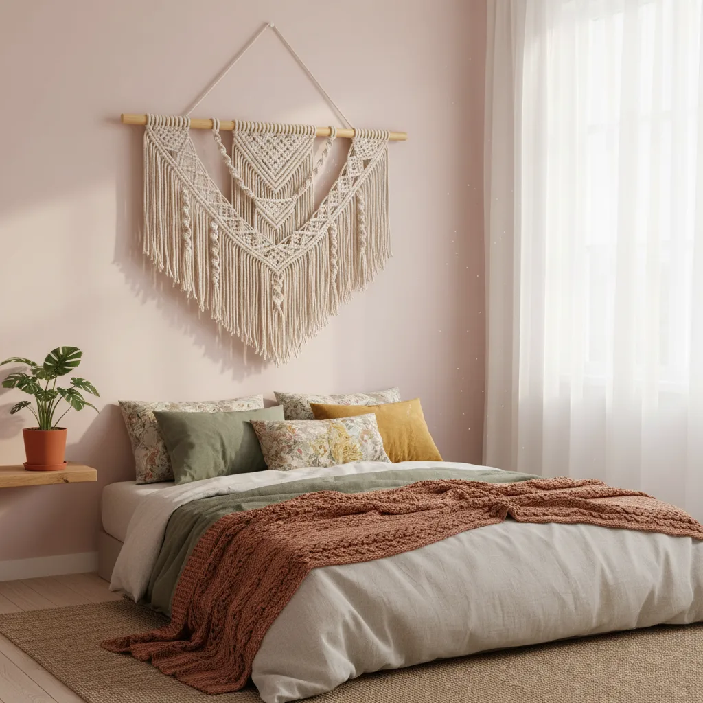 Bohemian-style macrame wall hanging with intricate knots and a wooden dowel, adding texture to a bedroom decor.