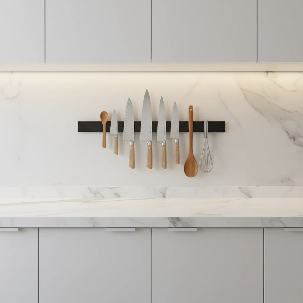 Magnetic strip holding knives and utensils in a kitchen