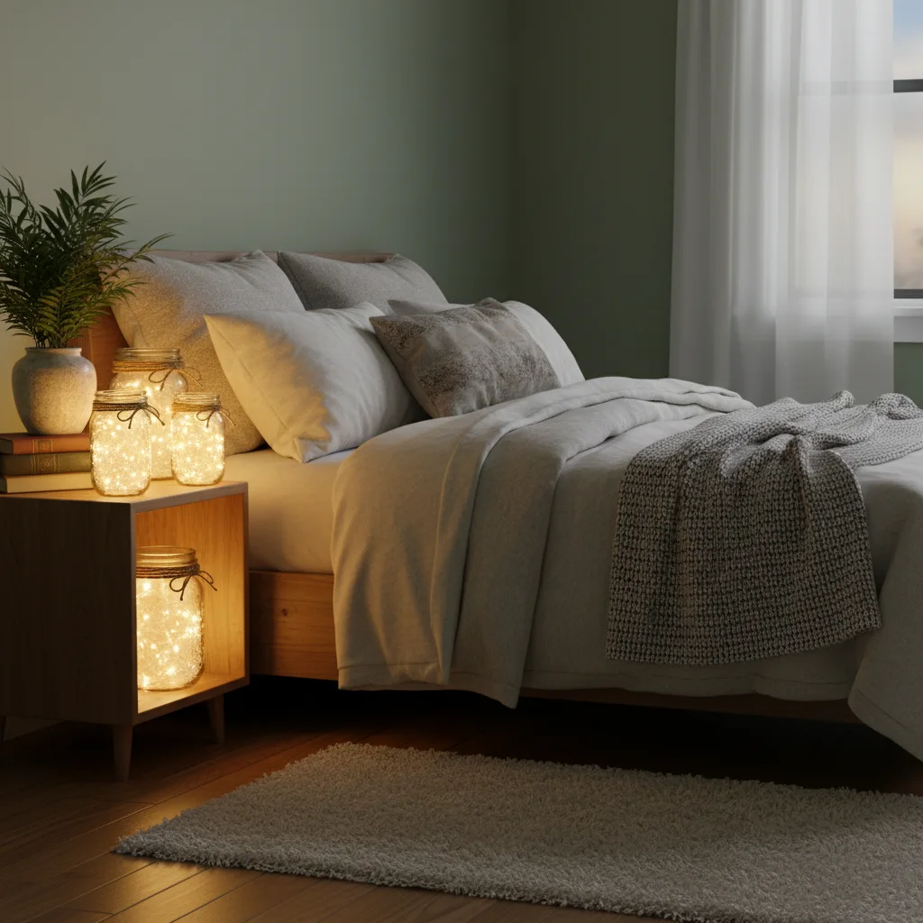 Cozy bedroom scene with mason jar fairy lights glowing warmly on a nightstand, decorated with twine and frosted glass.