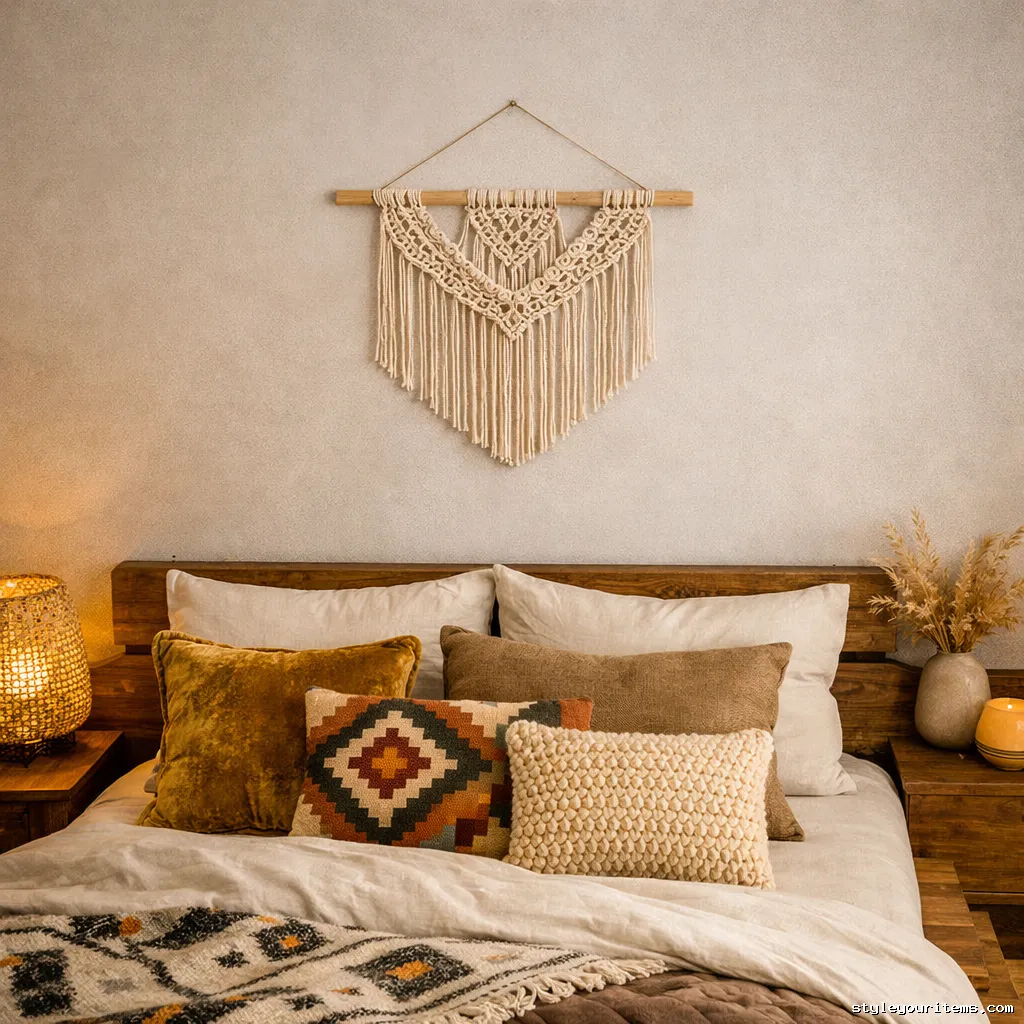 Simple macramé wall hanging in boho bedroom