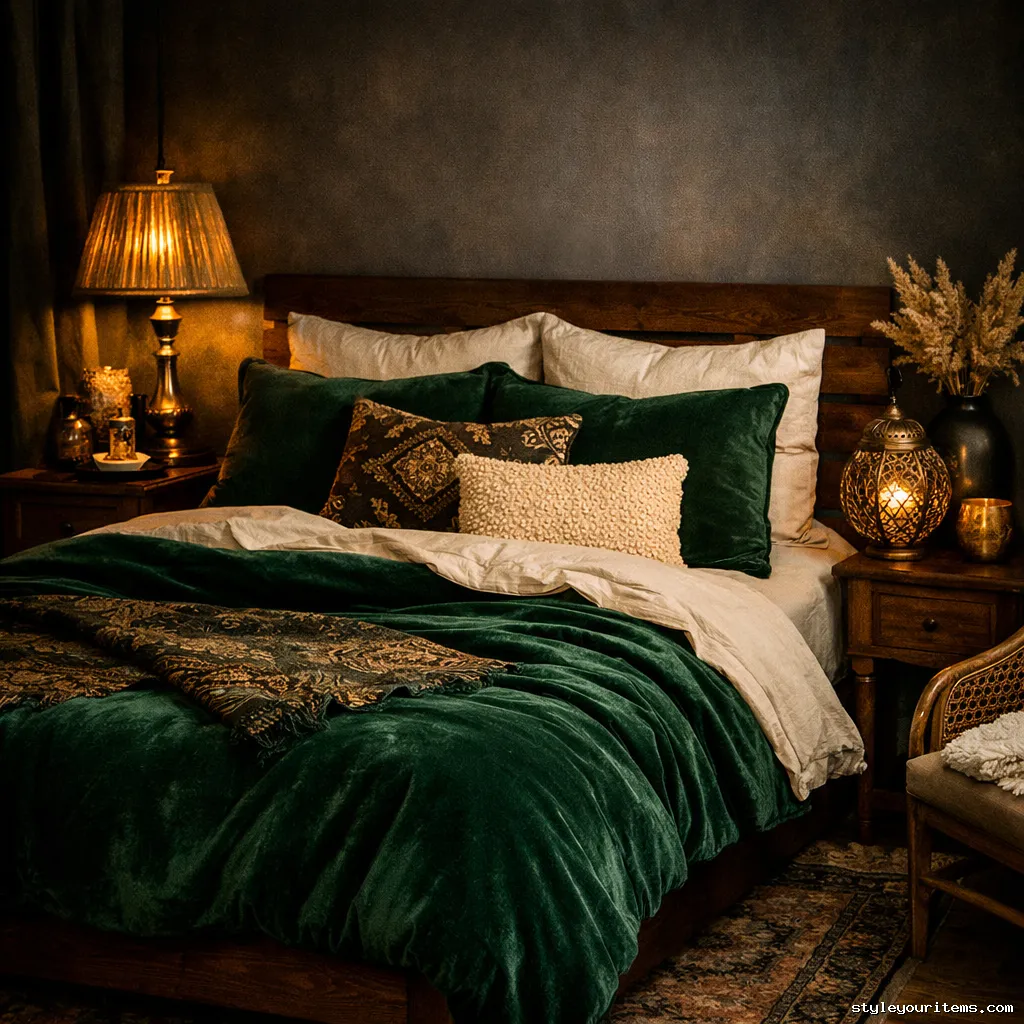 Dark luxury boho bedroom with velvet and brass accents