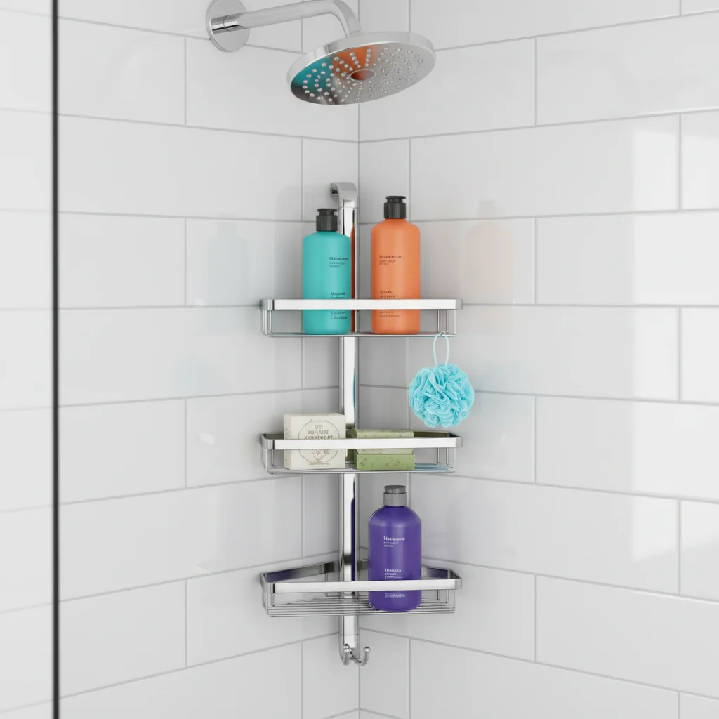 Multi-tier shower caddy in a small bathroom