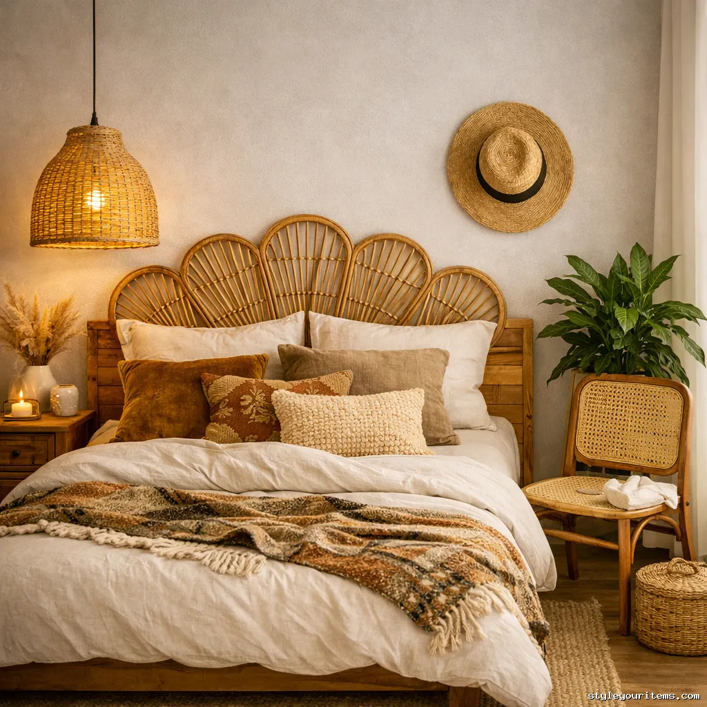 Rattan, wicker and cane furniture in boho bedroom