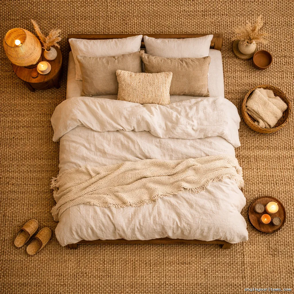 Jute rug as base layer in boho bedroom