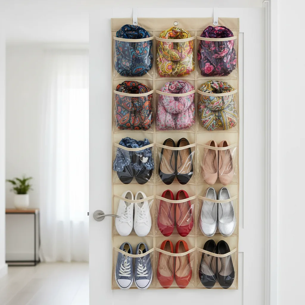 Over-the-door organizer holding shoes and scarves