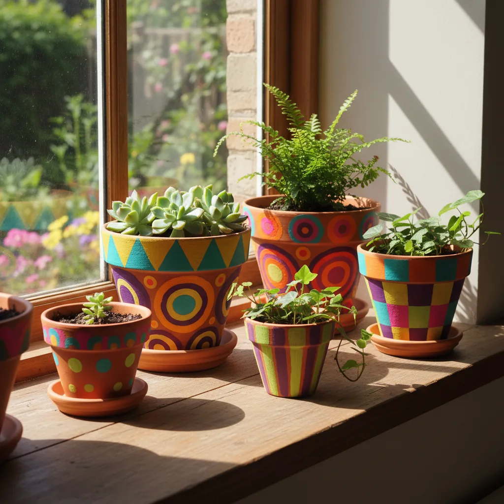 Collection of painted terracotta plant pots with vibrant geometric designs, displayed on a windowsill with small indoor plants.