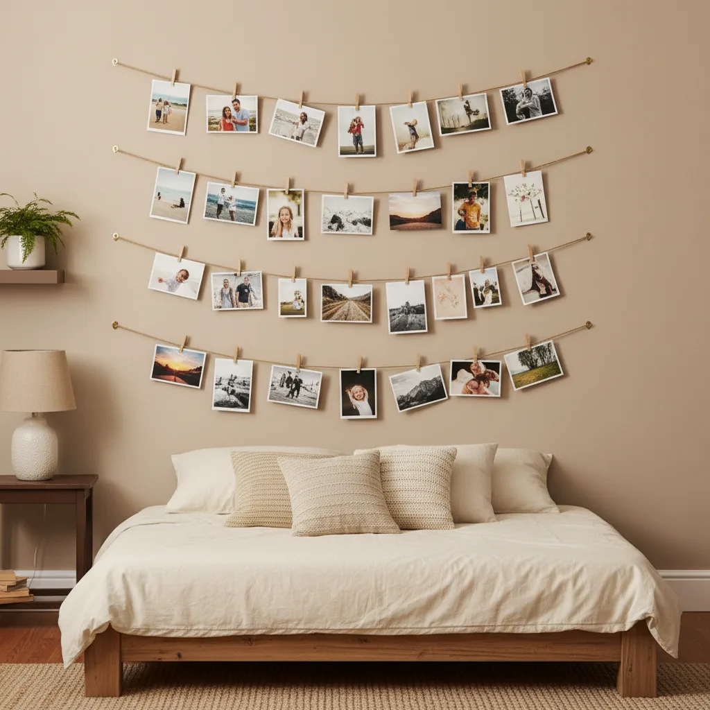 Bedroom wall decorated with a photo string memory display, featuring rows of twine holding printed photos with small clothespins.