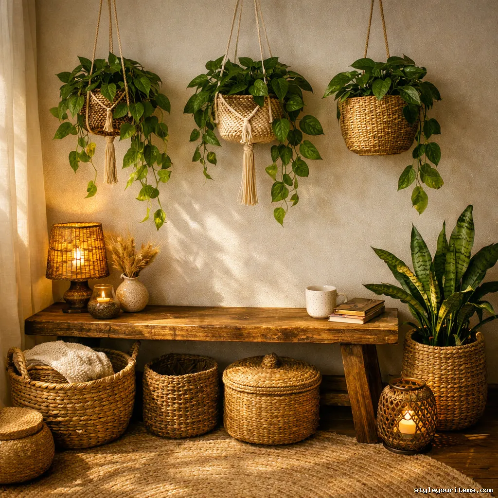 Indoor plant corner with boho wooden bench