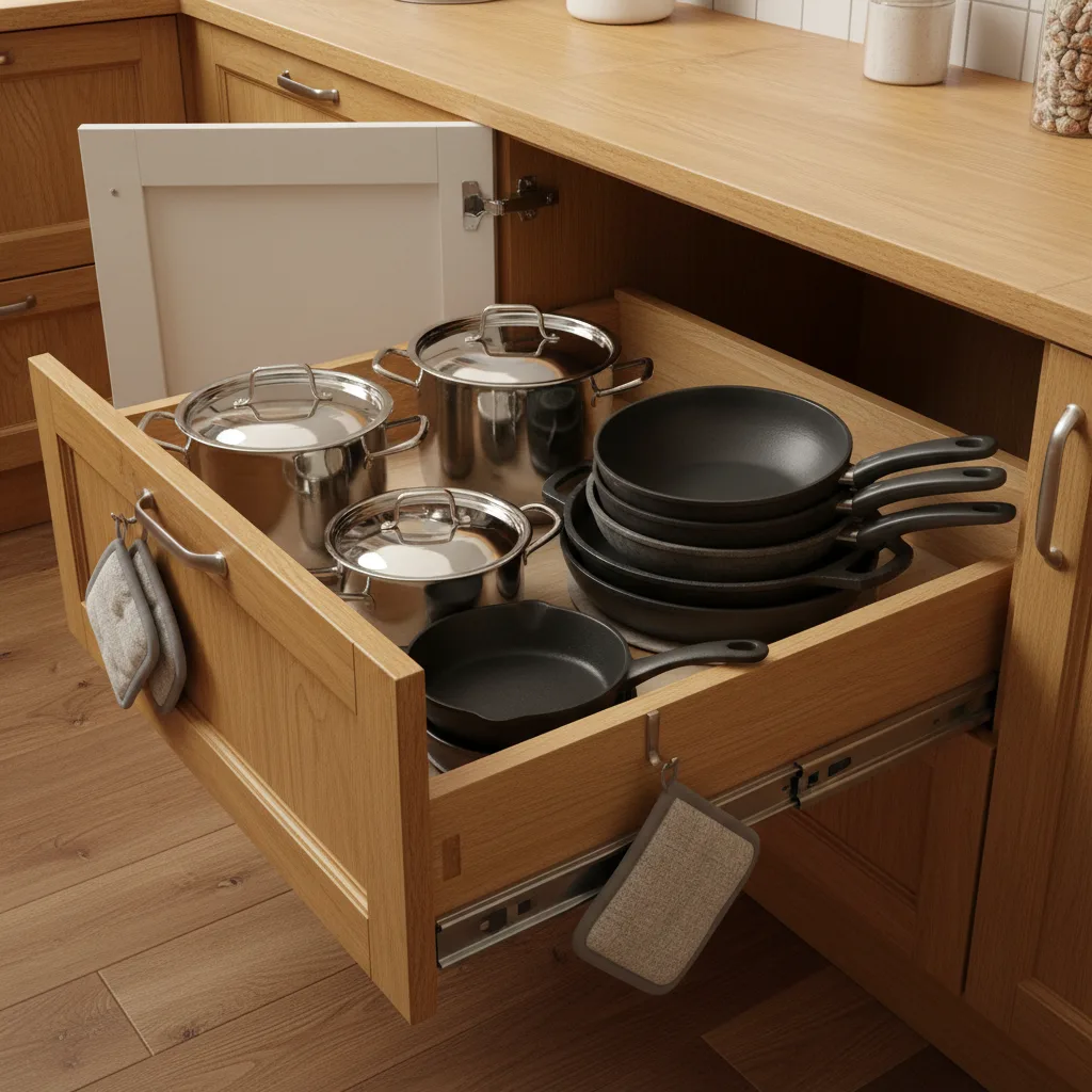 Pull-out cabinet organizer with pots and pans