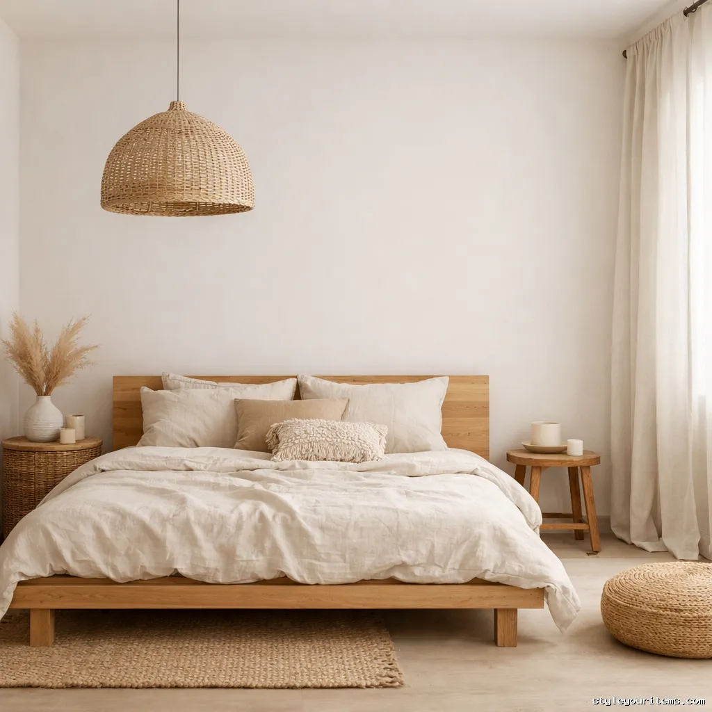 Simple calm boho bedroom with minimal decor and soft colors