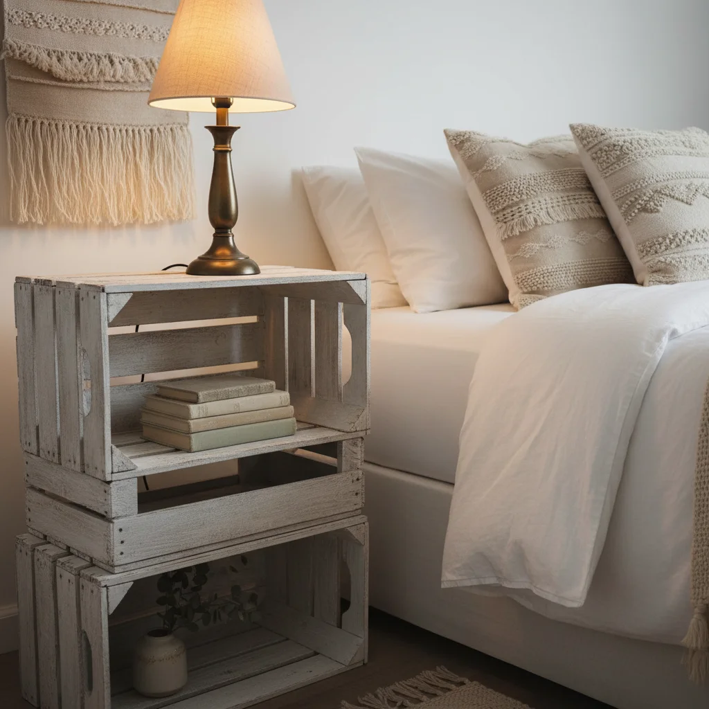 Rustic bedroom nightstand made from repurposed wooden crates, painted white and stacked for storage.