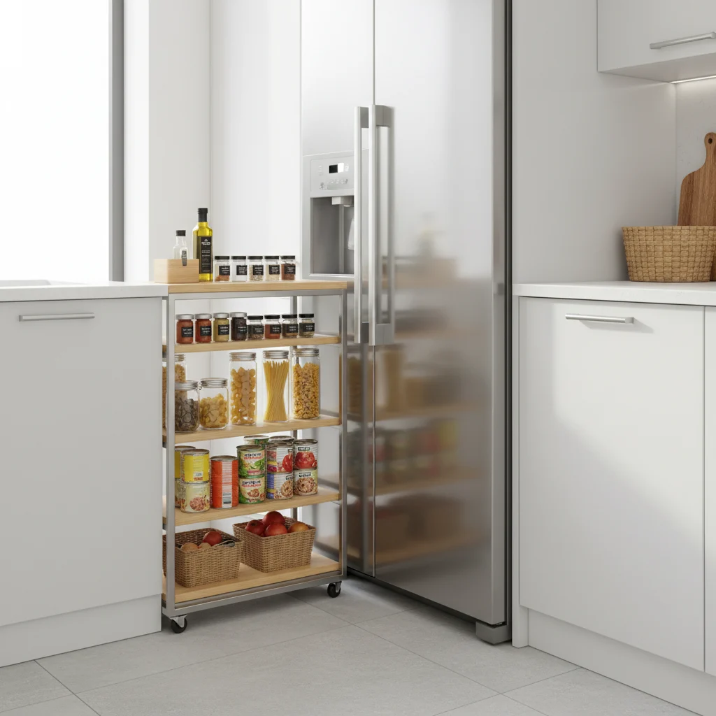 Slim rolling cart as a pantry alternative in a kitchen