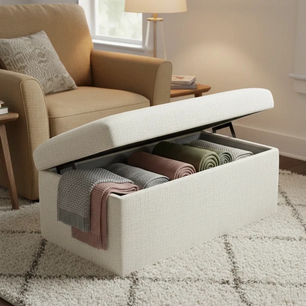 Storage ottoman holding blankets