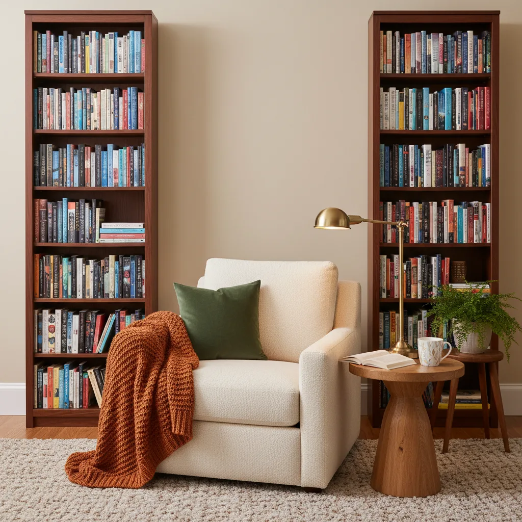 Tall, narrow bookcases in a cozy corner