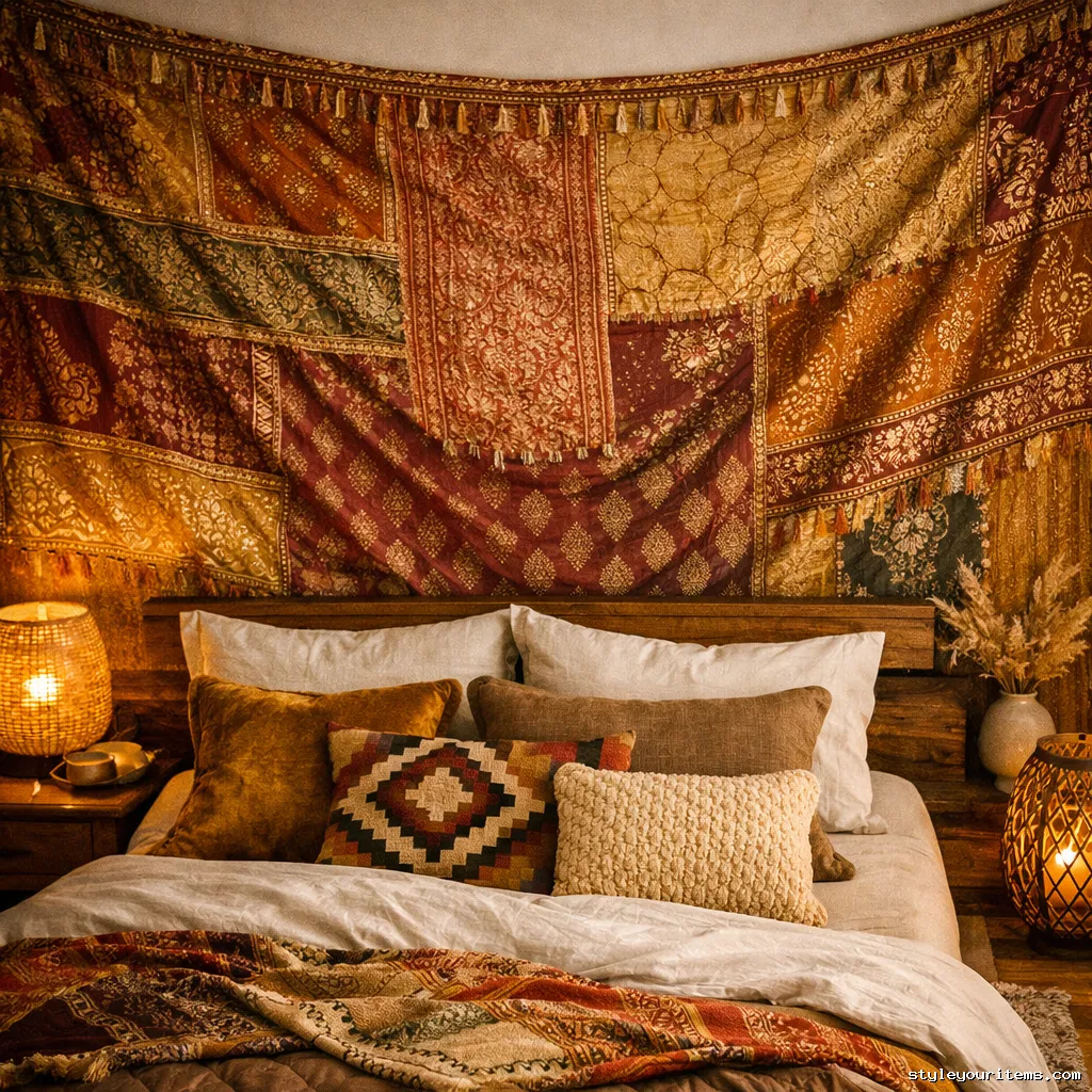Fabric tapestry used as boho headboard alternative