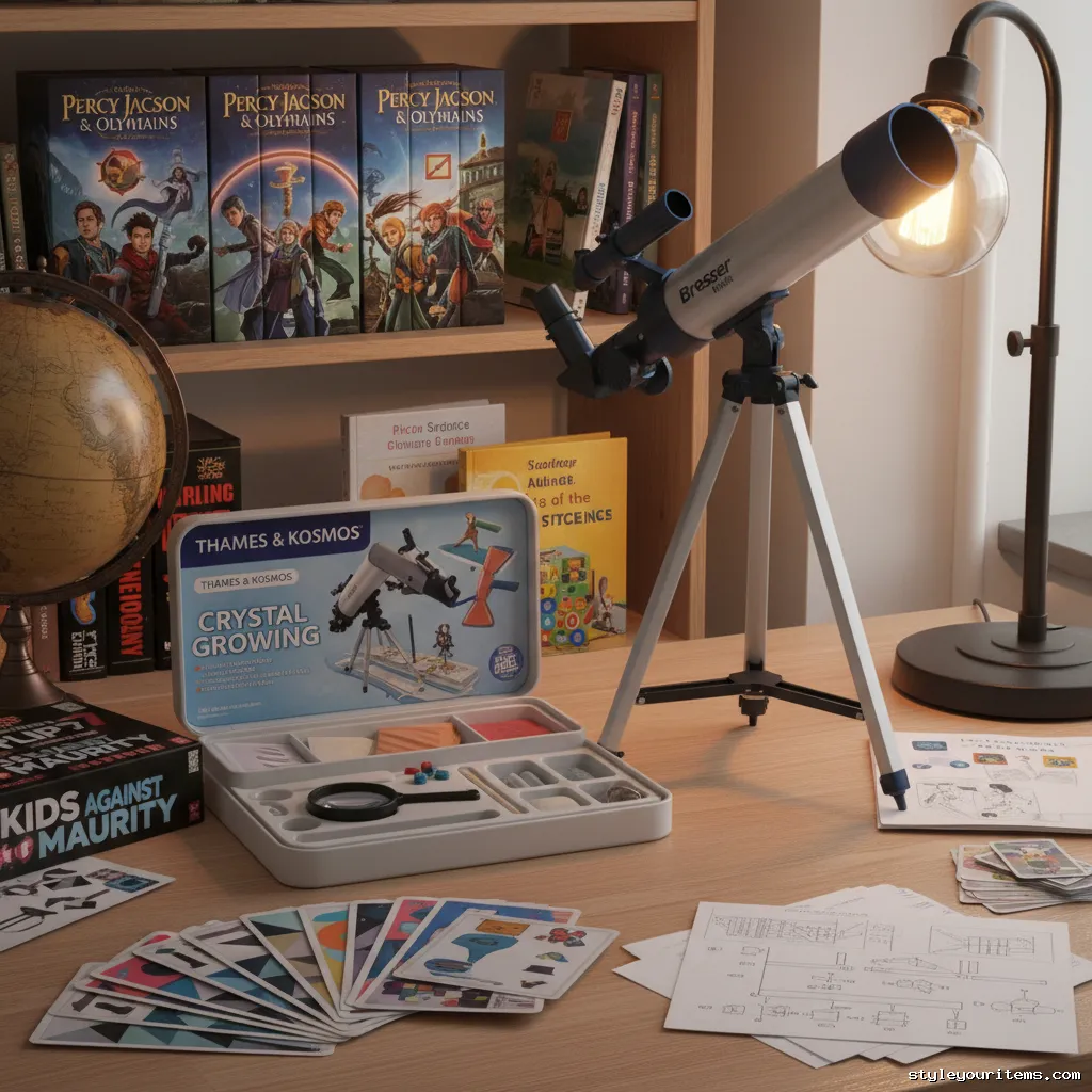 Displaying science kits, board games, and books.