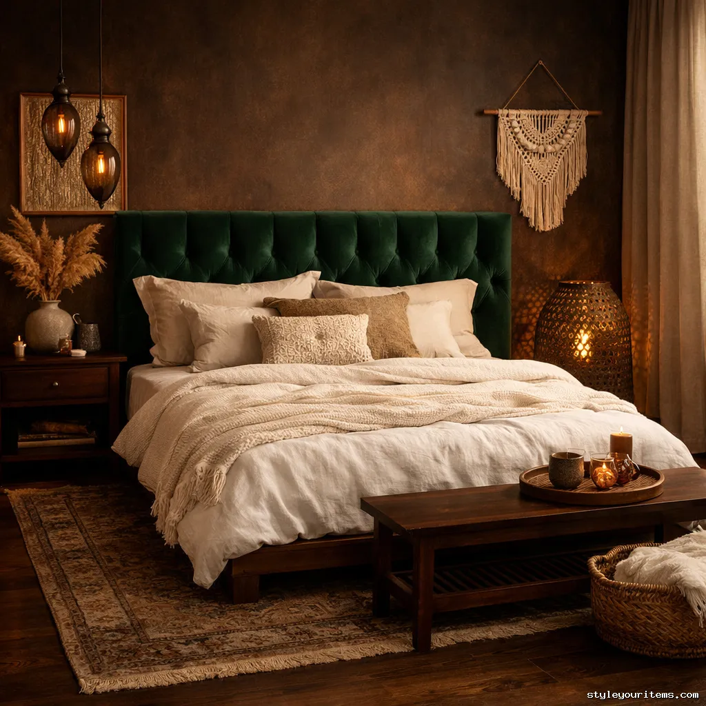 Green velvet upholstered bed in modern boho bedroom