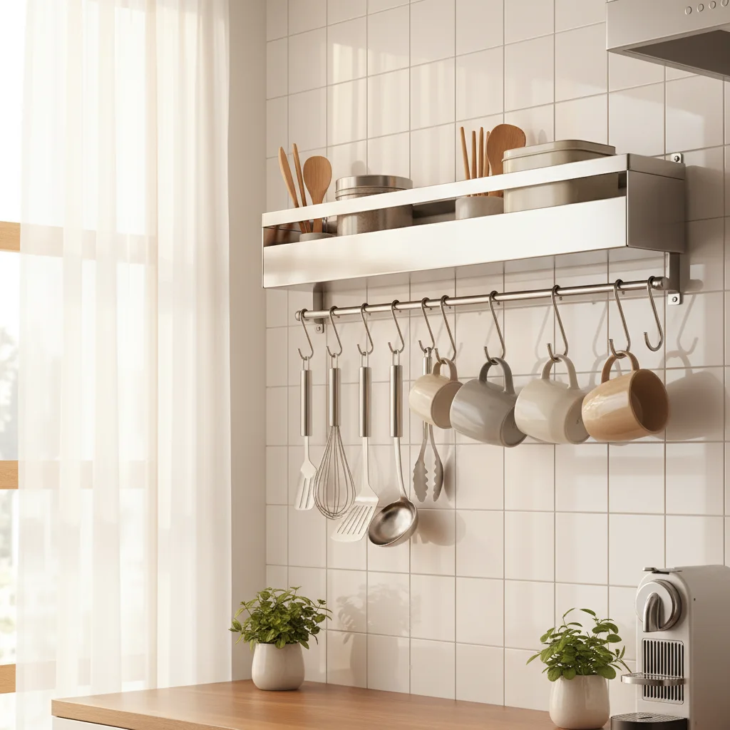 Wall-mounted organizers holding utensils and mugs