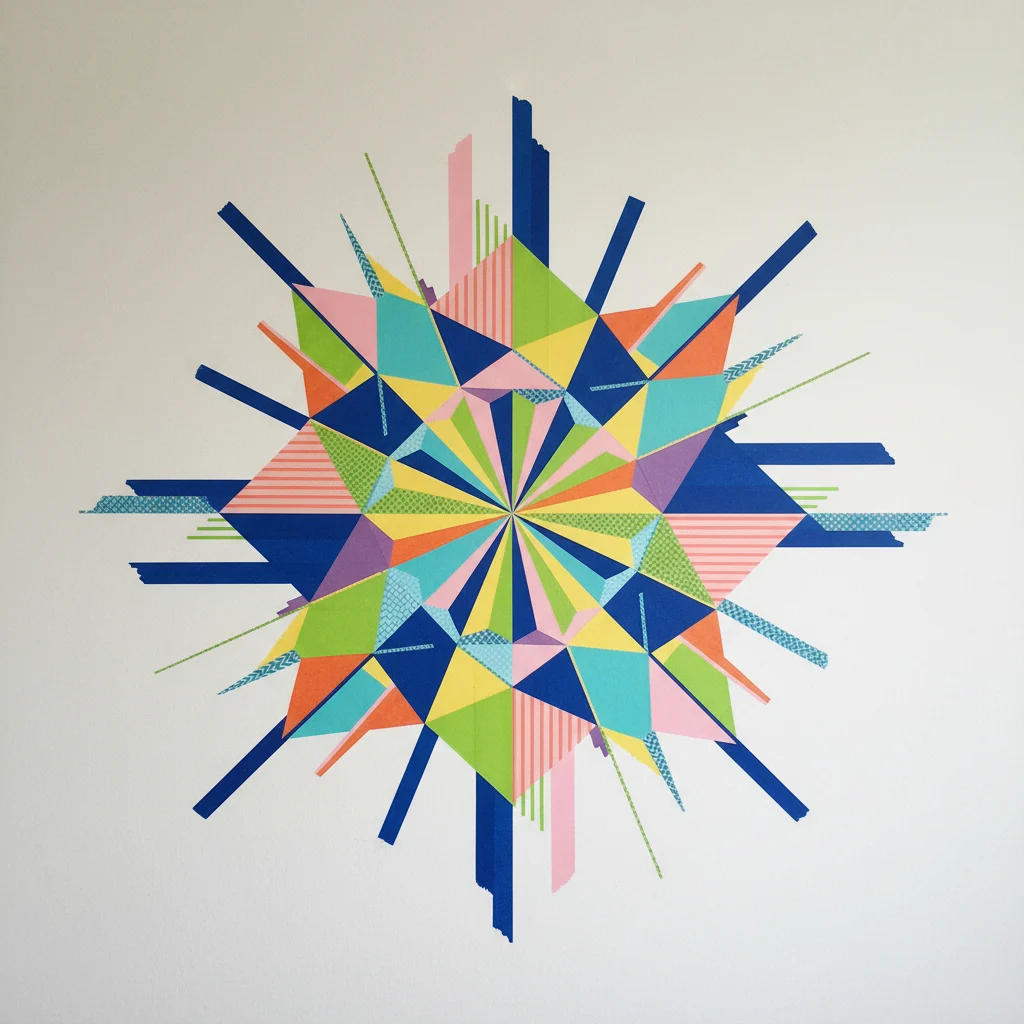 A vibrant geometric wall art made with Washi tape on a plain white wall, showcasing a modern DIY aesthetic