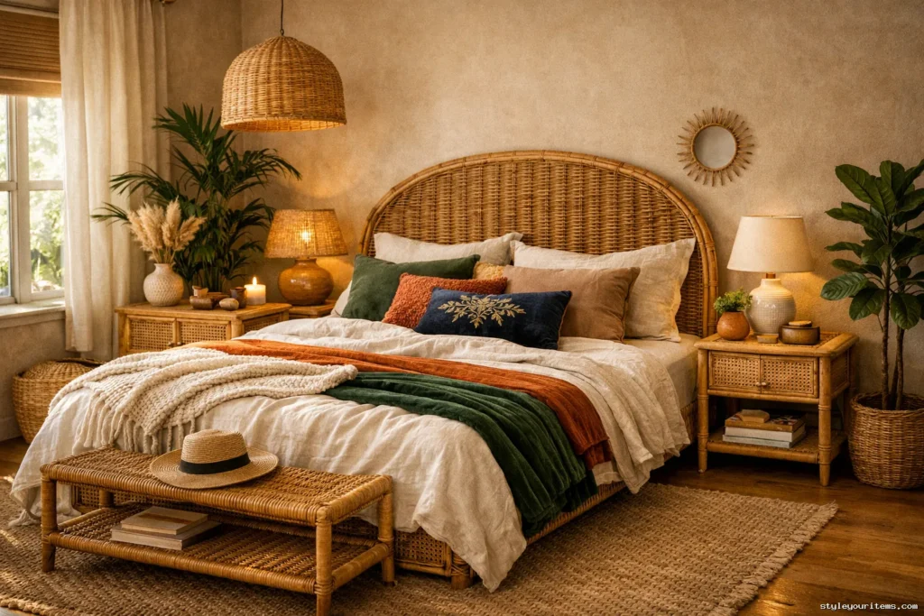 Boho room featuring rattan, wicker, jute and cane materials