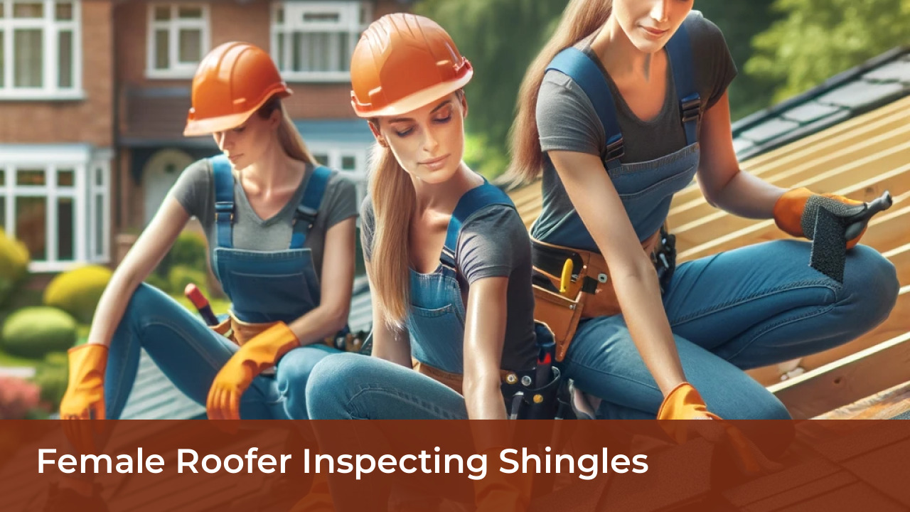 Female Roofer Inspecting Shingles