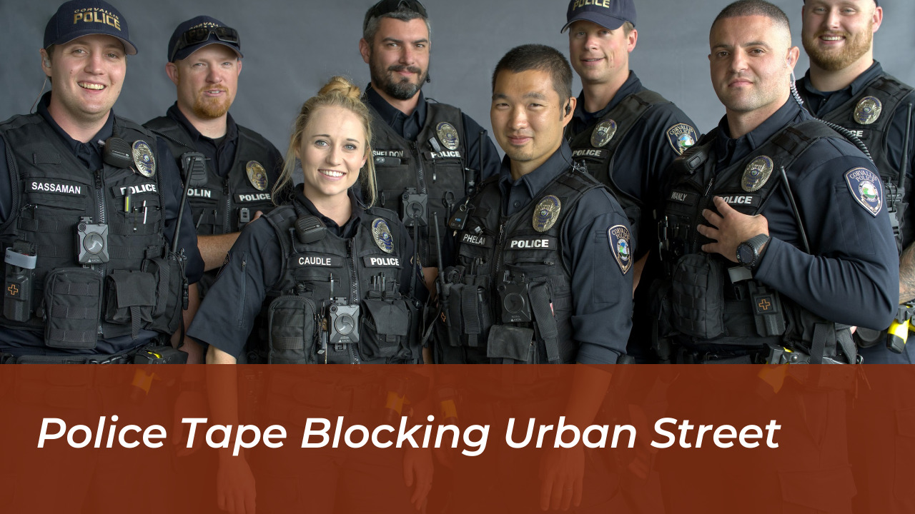 Police tape blocking urban street