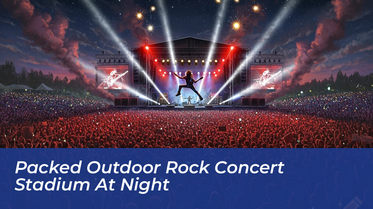 Packed outdoor rock concert stadium at night